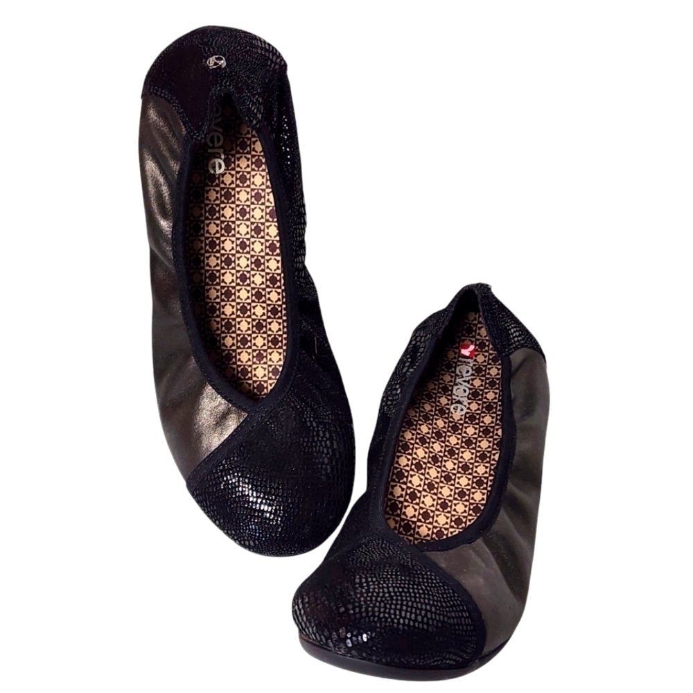 Revere Nairobi Shoes Black Metallic Ballet Leather Womens Size 8  Faux Snakeskin